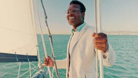 travel, freedom and cruise with black man on yacht