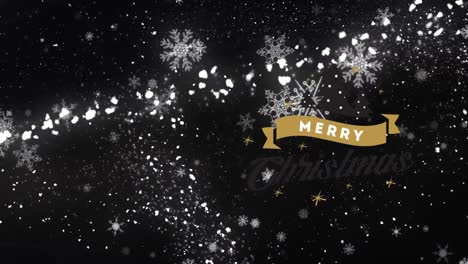 Animation-of-merry,-stars-and-snowflakes-over-black-background