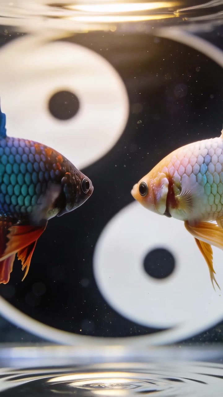 Vidéo verticale: Poisson orné en mouvement comblant un espace dans l'aquarium, sa queue agitant l'eau ondulante