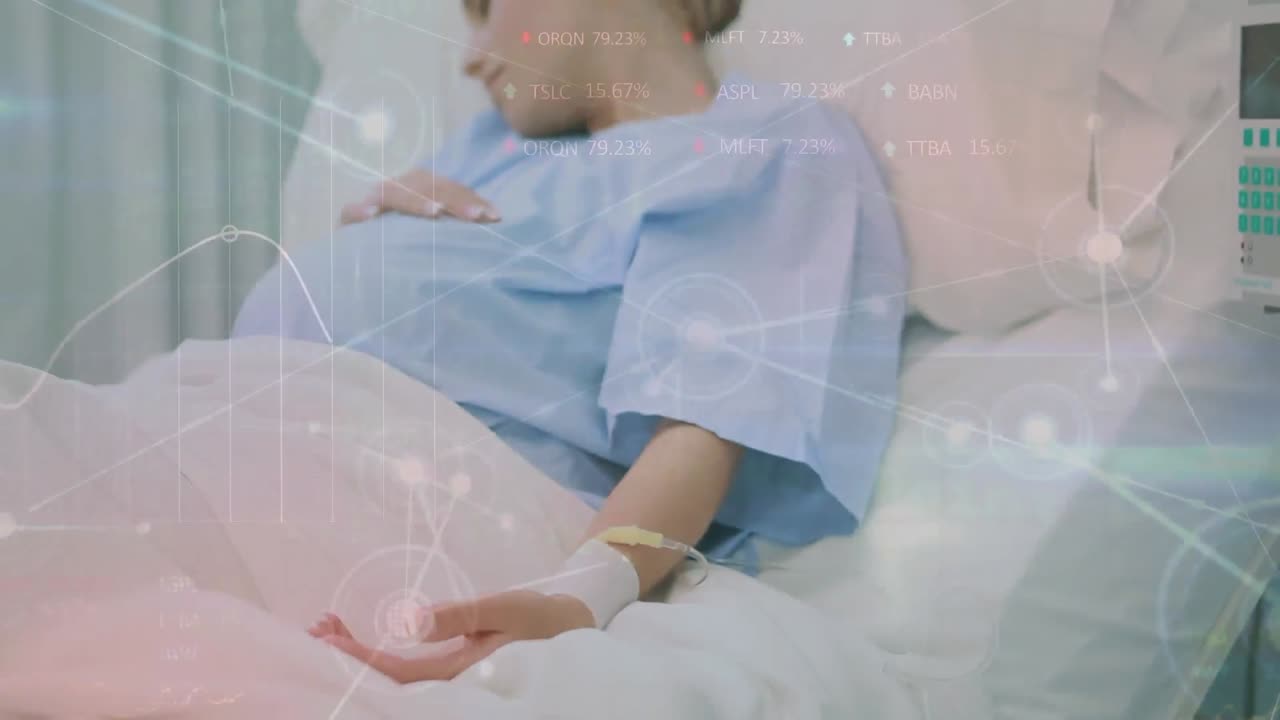 바의 애니메이션, 연결된 점, 그래프, 거래 보드, 침대에 잠자는 백인 임신 여성