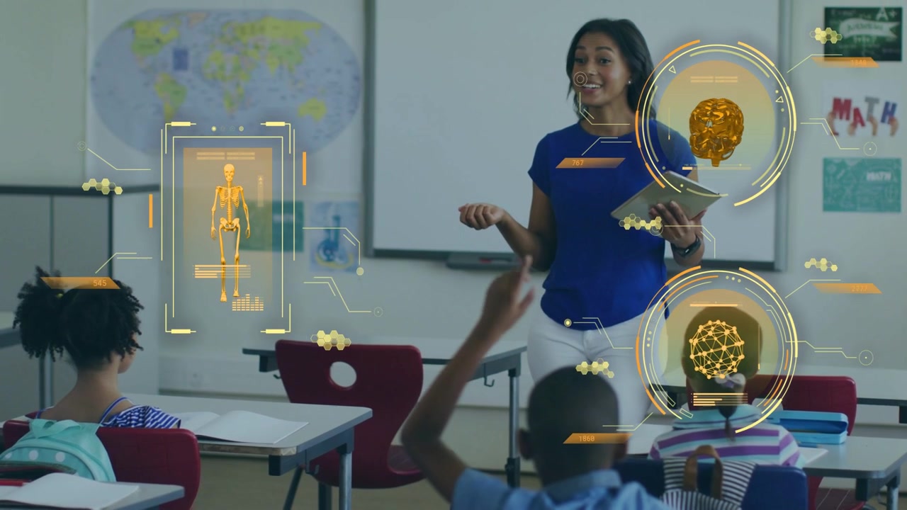 Teacher using model speaking and showing AR skeleton+brain for anatomy student raising hand nodding