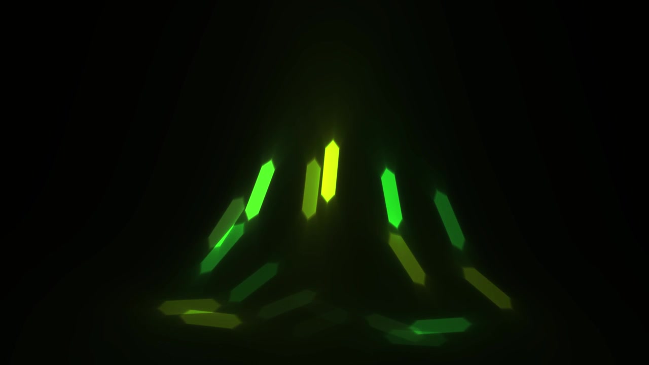 Forme geometriche astratte verdi luminose che si muovono nello spazio scuro
