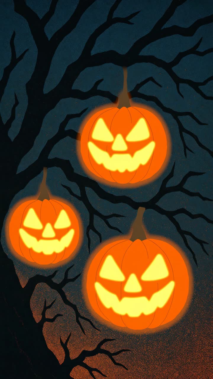 Spooky Halloween scene with glowing jack-o'-lanterns hanging from a tree
