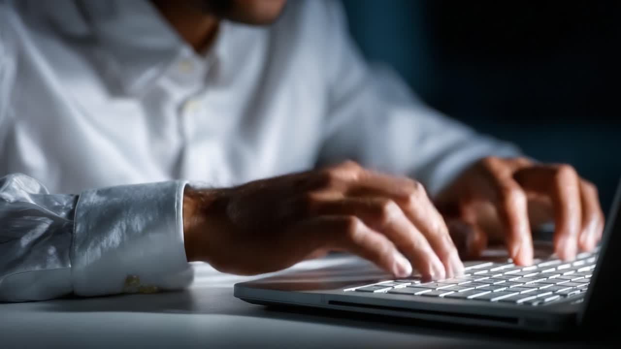 Fokuserte hender som skriver på en bærbar datamaskin i et svakt opplyst miljø, som viser kunsten digital kommunikasjon og moderne teknologiengasjement