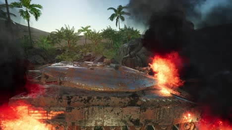 burned tank in the desert at sunset