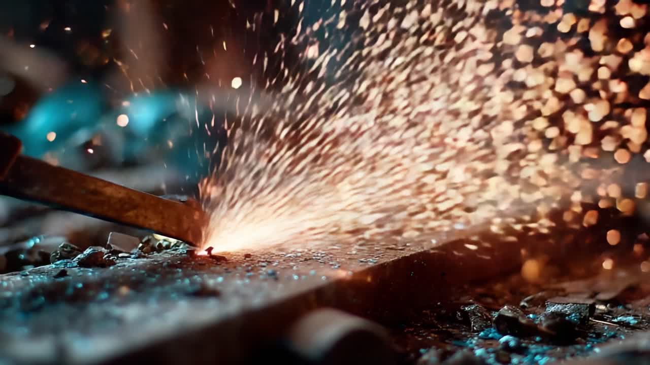 Captivating Close-Up of Metalworking Sparks: The Art of Welding and the Beauty of Molten Metal Splitting into Fiery Embers in a Workshop Setting