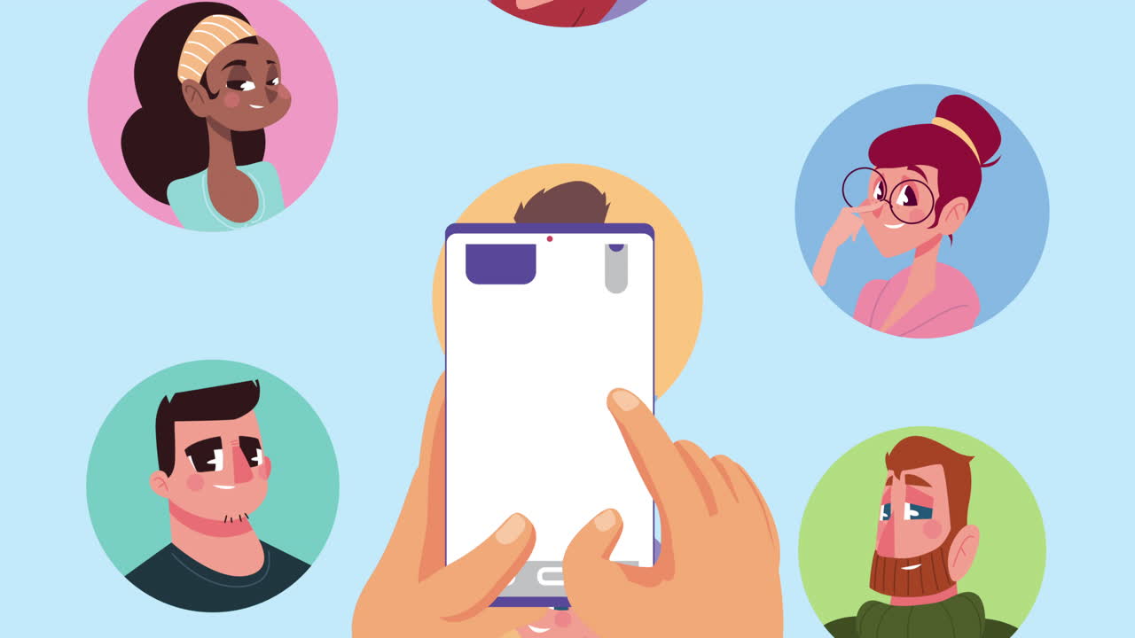 스마트폰 애니메이션을 사용하는 젊은 인종 간 사람들과 손