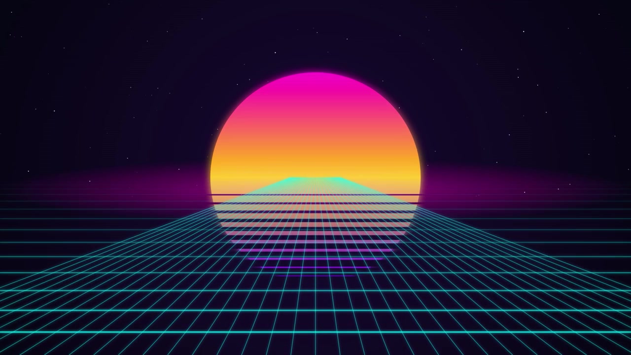 Retro Synthwave Style Grid Landscape with Glowing Sunset