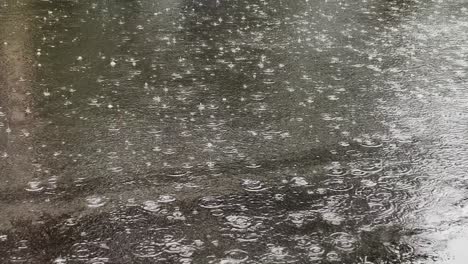 Close-Up-View-Captures-the-Intricate-Patterns-and-Ripples-Formed-by-Falling-Raindrops-on-the-Road
