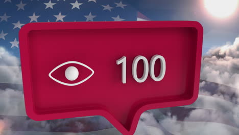 animación del icono del ojo con números en la burbuja de habla con la bandera de los estados unidos