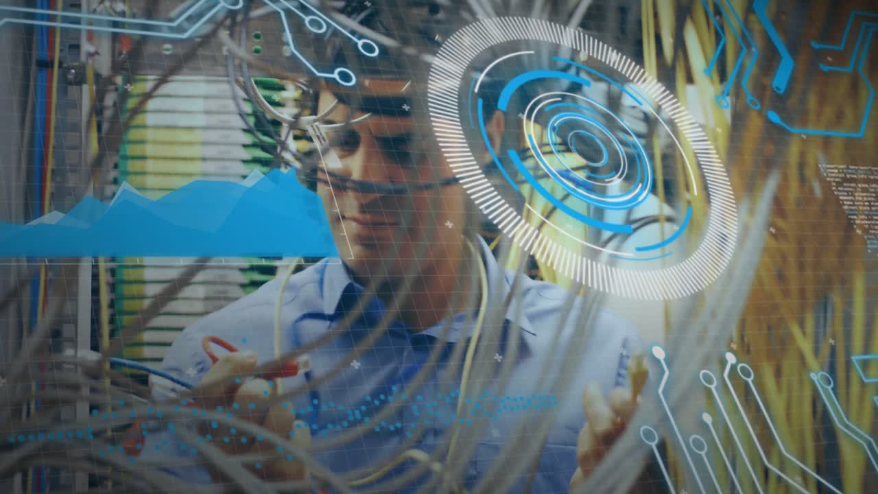 Animation of digital interface over caucasian server room worker