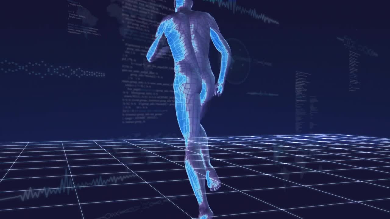 Translucent wireframe runner starting gait upon spawning on lit grid camera orbiting revealing data