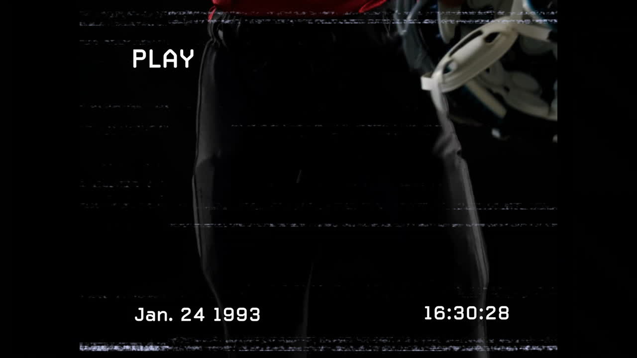 Holding helmet, football player with animation effect and vintage VHS overlay