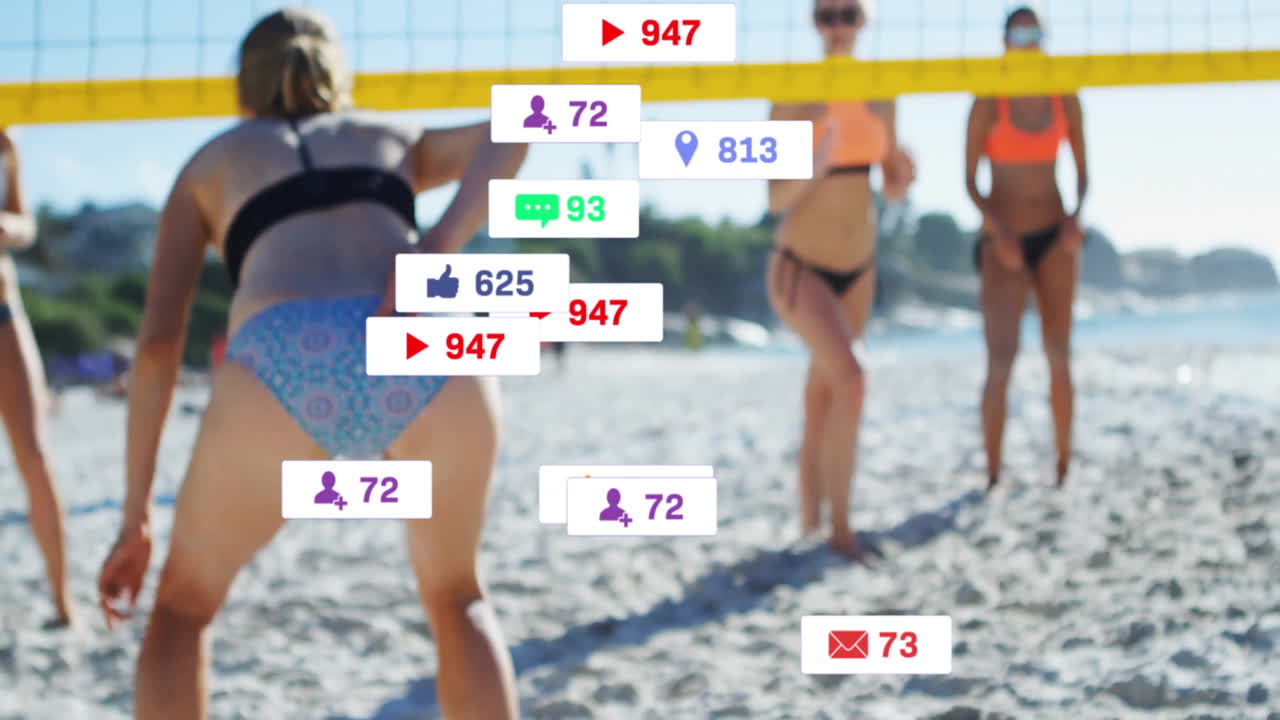 Playing beach volleyball, players with animation of social media icons around them