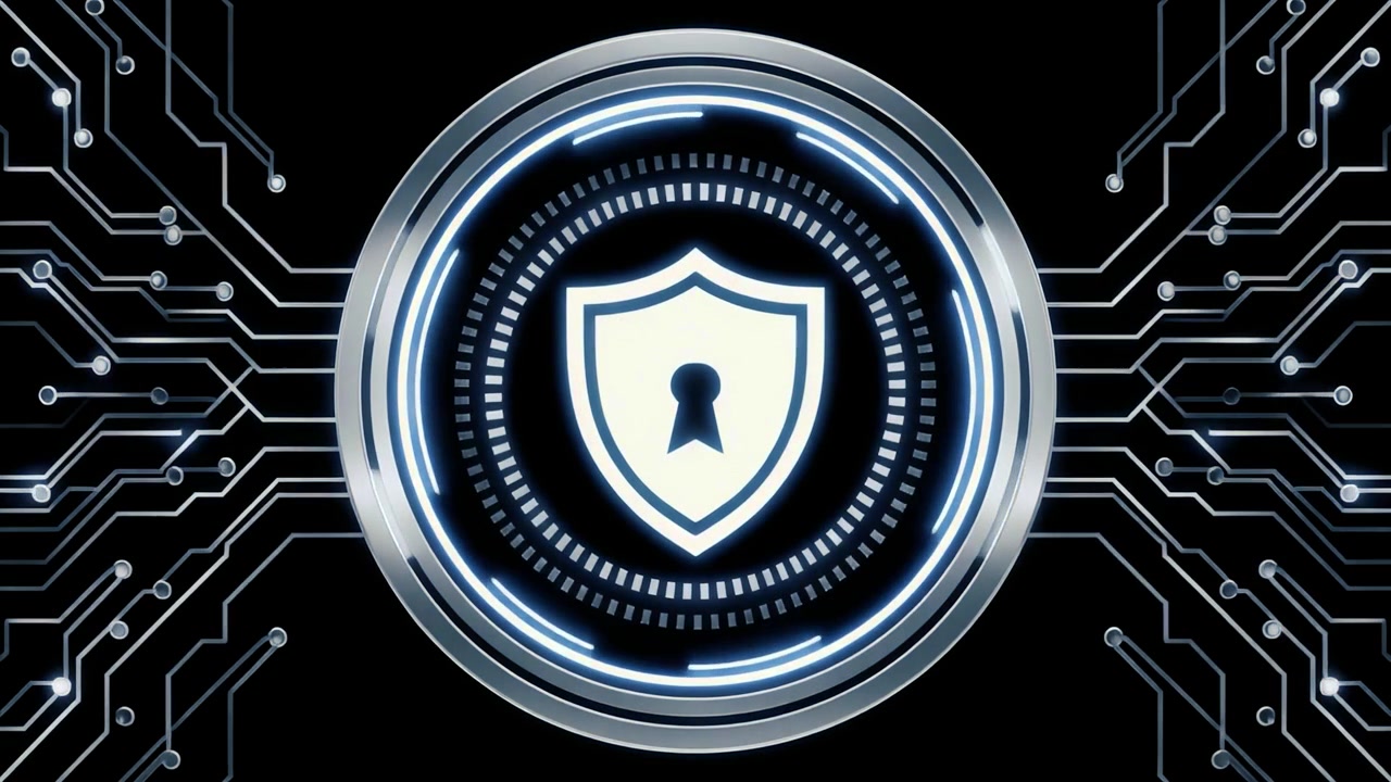 Animated Digital Security Shield with Keyhole on Circuit Background