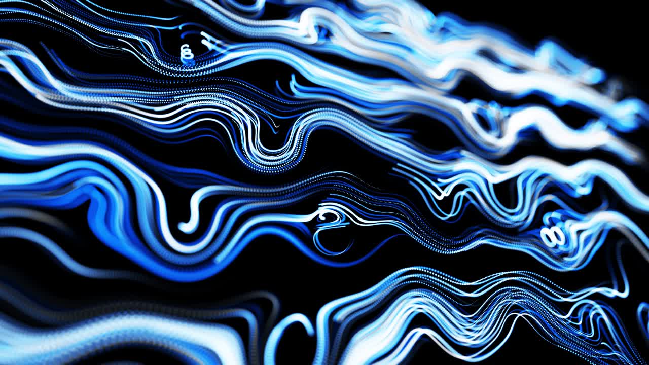 Abstract 3d looped background with lines form swirling pattern like curle noise with light streaks. Flow of particles forms curled lines like blue glow trails. Beautiful swirls of lines as abstract bg