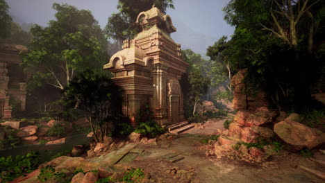 ruinas de templos antiguos en medio de un denso bosque.