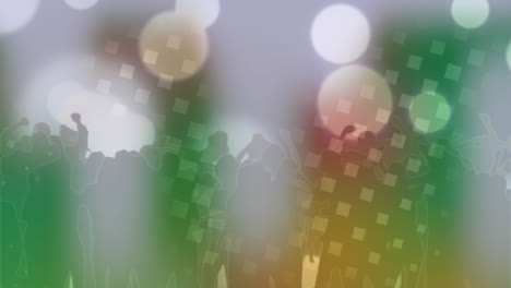 animación de cuadrados rojos y blancos sobre una multitud bailando con focos verdes y blancos