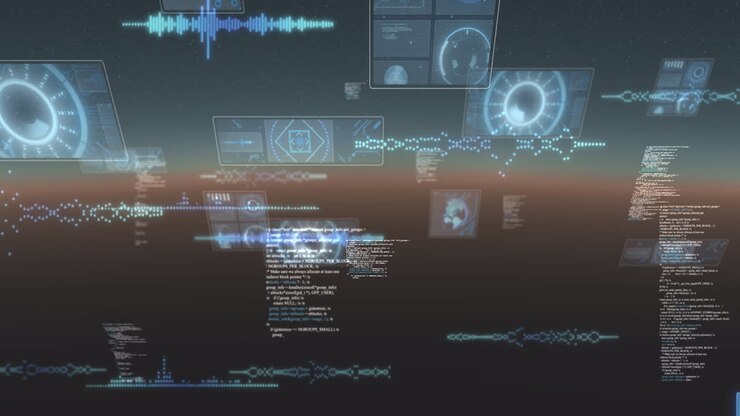 Animation of data processing and scopes scanning on screen over glowing horizon