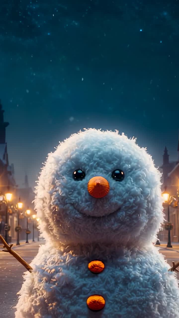 Vertical video: Pulling back from closeup, camera revealing snowman on snowy street by lampposts