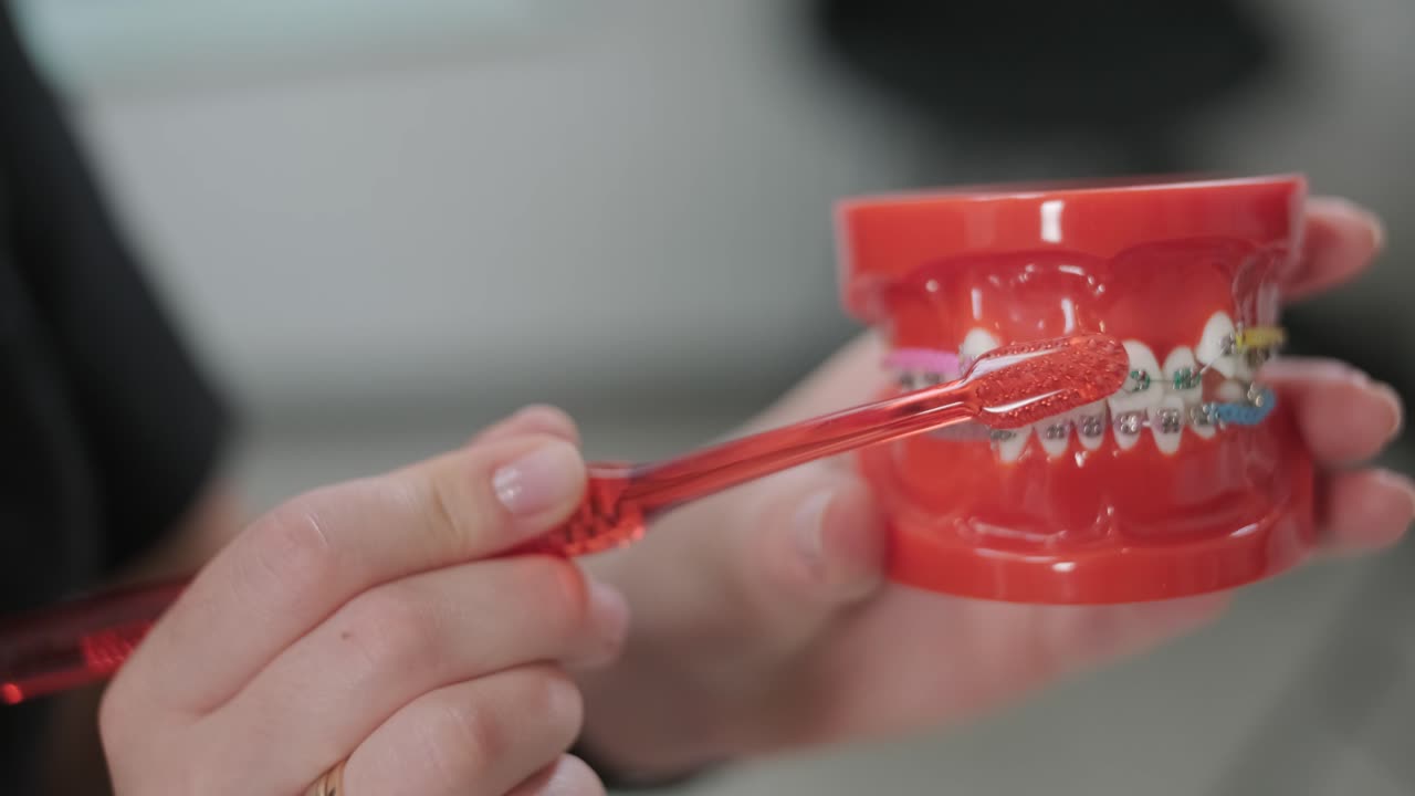 Teeth with brace cleaning explanation, brush your teeth with a toothbrush the right way. Dentist and dental hygienist explains how to clean your teeth. Dental health and hygiene, toothbrush, toothpaste, teeth.