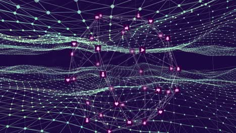 animation of globe of network of connections with multiple icons over waving mesh