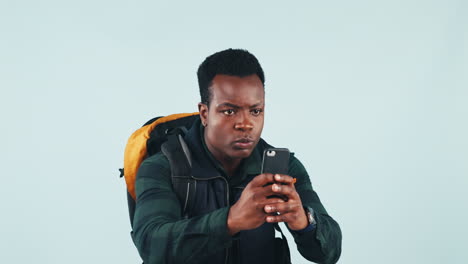 Phone,-fail-and-black-man-hiking-in-studio