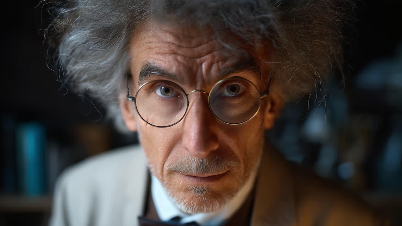 Intensiver Ausdruck eines Wissenschaftlers mit wilden Haaren und Brille, der die Leidenschaft und Neugier der Entdeckung in einer Arbeitsumgebung einfängt