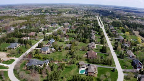 a drone shot above an estate home neighborhood in puslinch, ontario