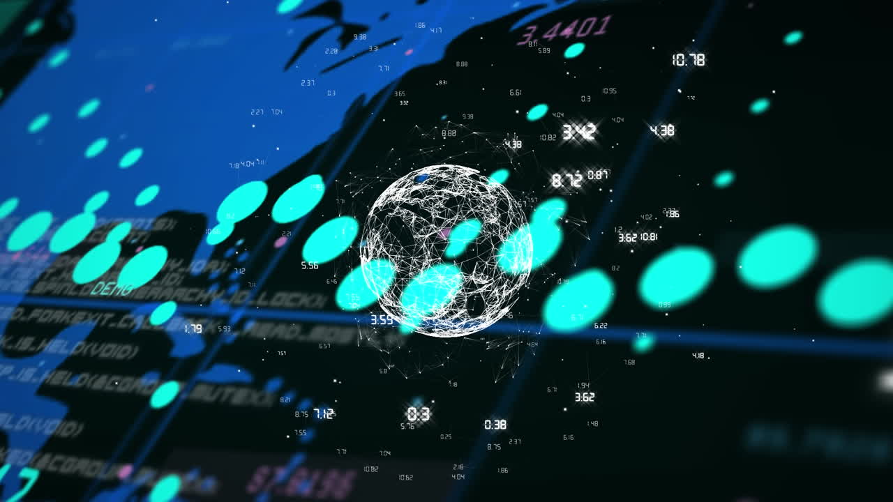Animation of blue graph and data processing over blue world map on black background