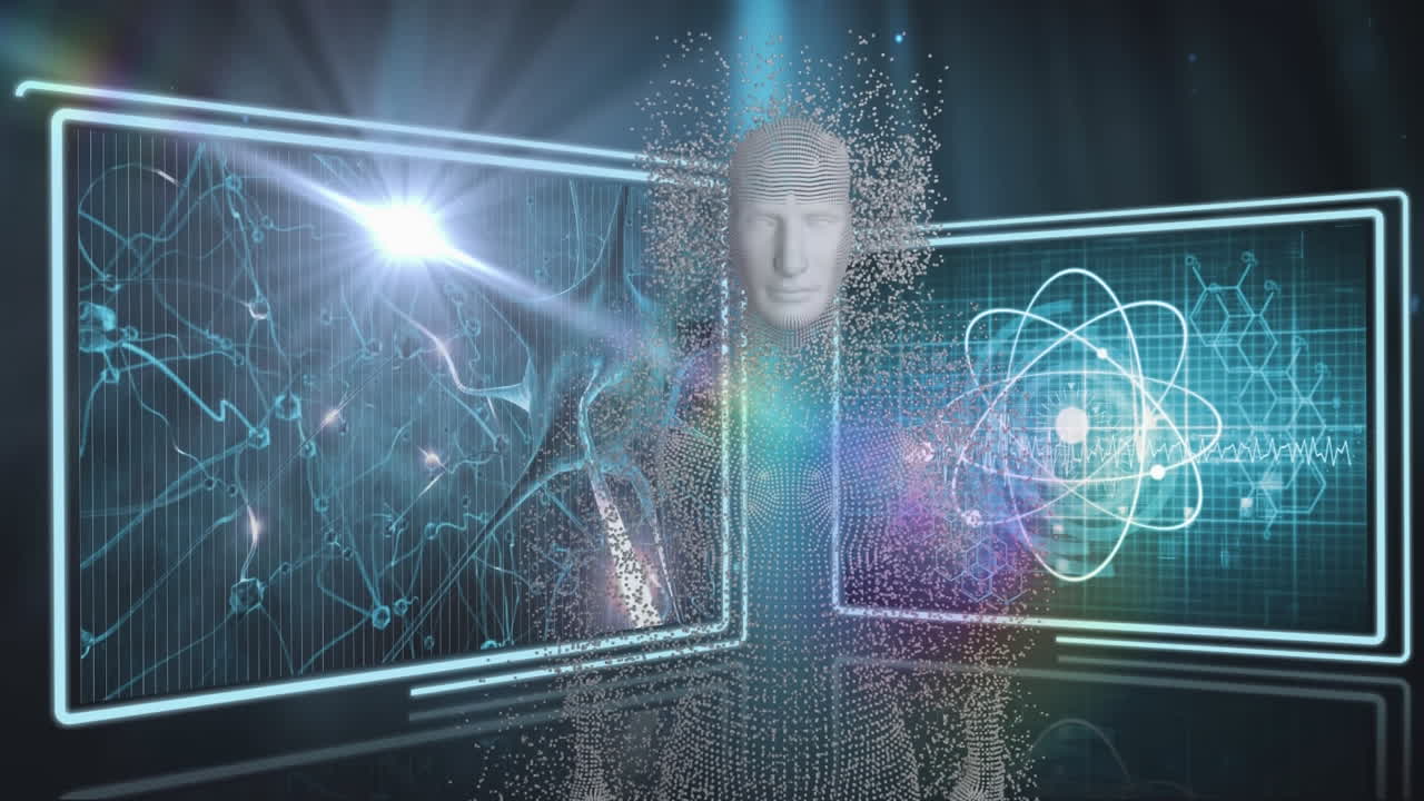 animación de rastros de luz y humano digital sobre procesamiento de datos en fondo negro.