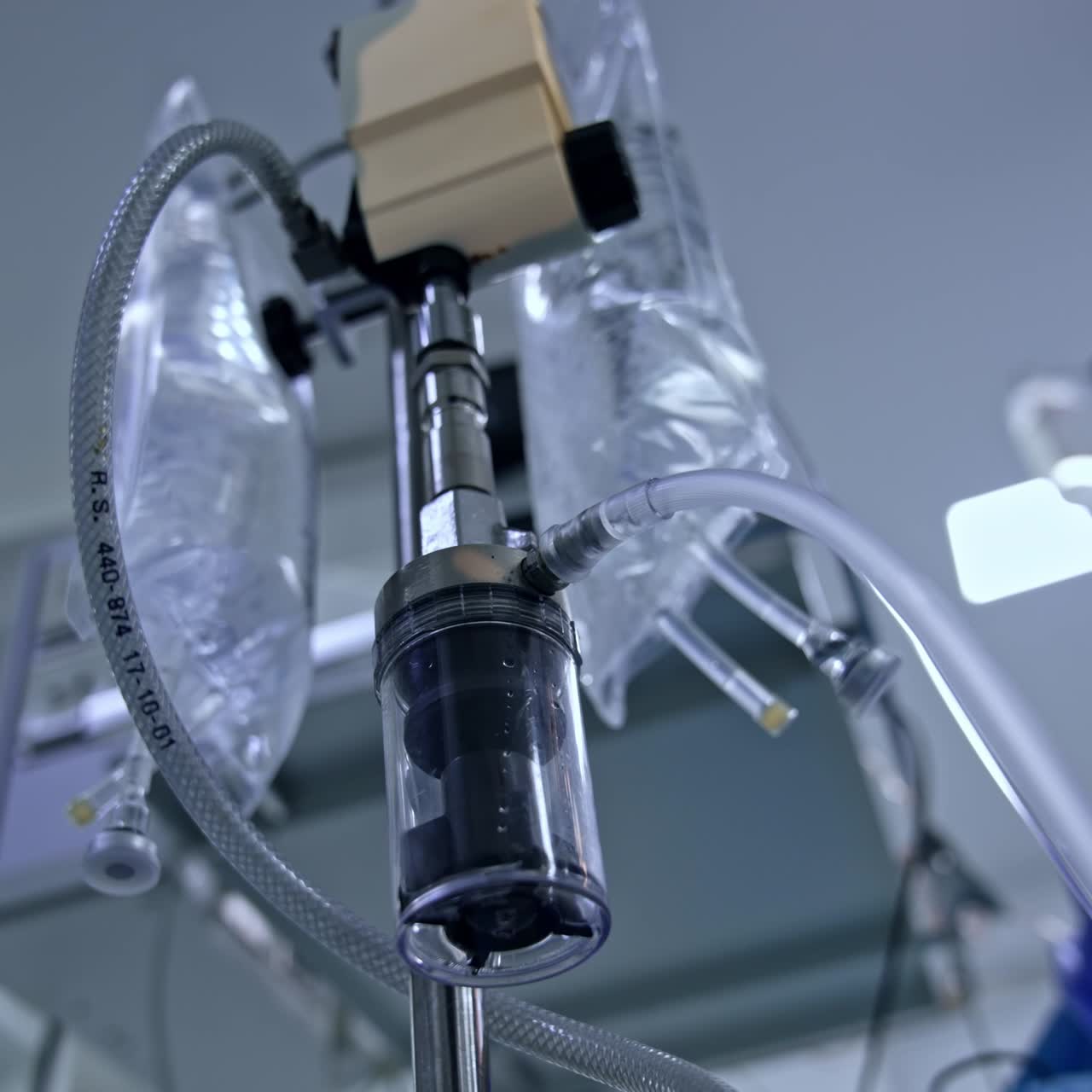 Some parts of medical equipment in surgical room. Low angle view close up. Blurred backdrop