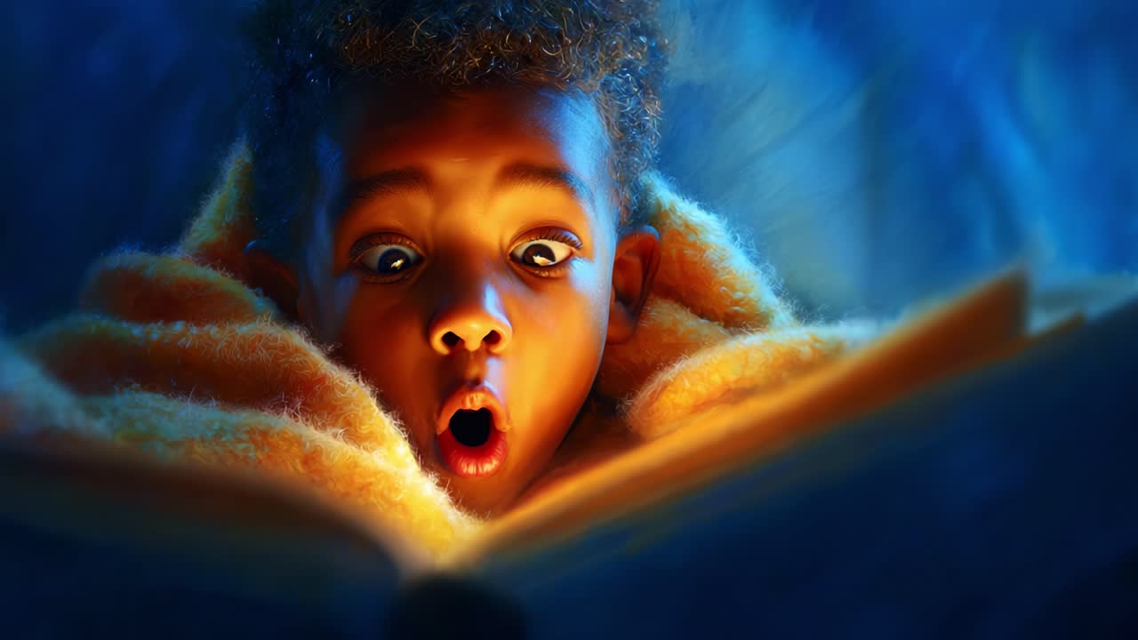 A child's enchanting journey through a storybook, capturing the wonder and excitement of imagination as they explore magical worlds hidden within the pages, wrapped in a cozy blanket