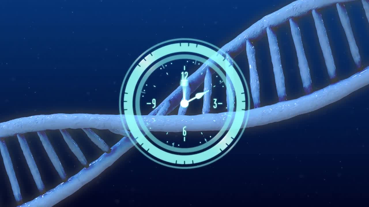animación del reloj que se mueve sobre la cadena de adn sobre fondo azul
