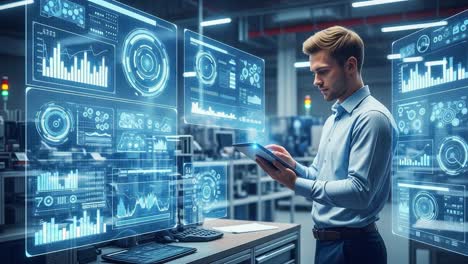 focused on data insights: a professional analyzes digital analytics and trends using advanced technology in a modern workspace environment