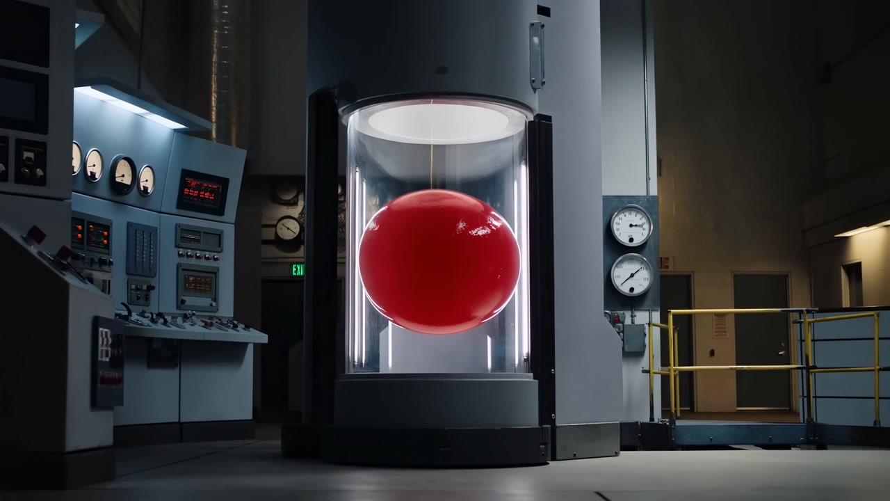 Blank rød kugle ophængt inde i et cylindrisk glasindeslutningskammer inde i et industrilaboratorium, med lodrette kølige hvide lysstriber, loftslampe, kontrolkonsol, målere og metalpaneler.
