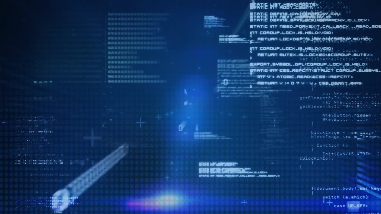 Animation of data processing and binary coding on blue background