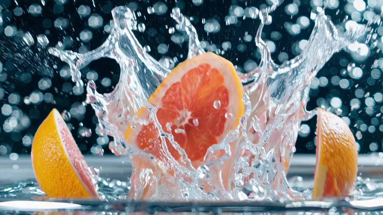 Grapefruit slices creating a big splash while falling in water against a dark background with bokeh effect, perfect for promoting healthy eating habits and refreshing beverages