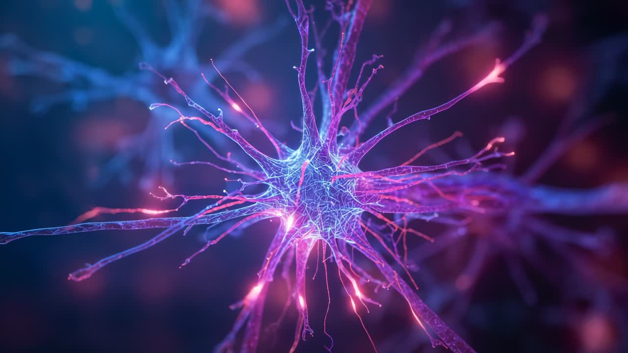 Brightening soma starting pulses, neuron-like cell sending signals along branches, nodes glinting