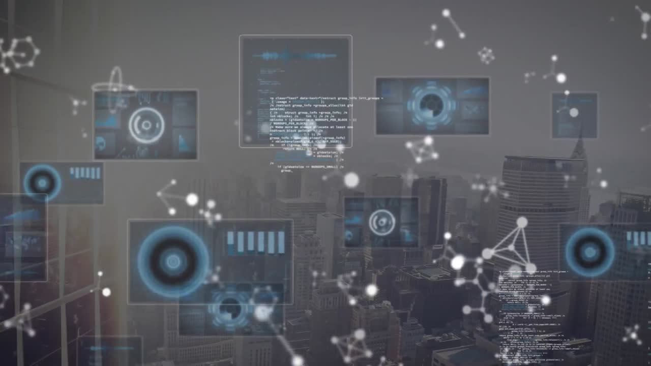 Animation of computer language, radar, graph over nucleotides against modern city in background