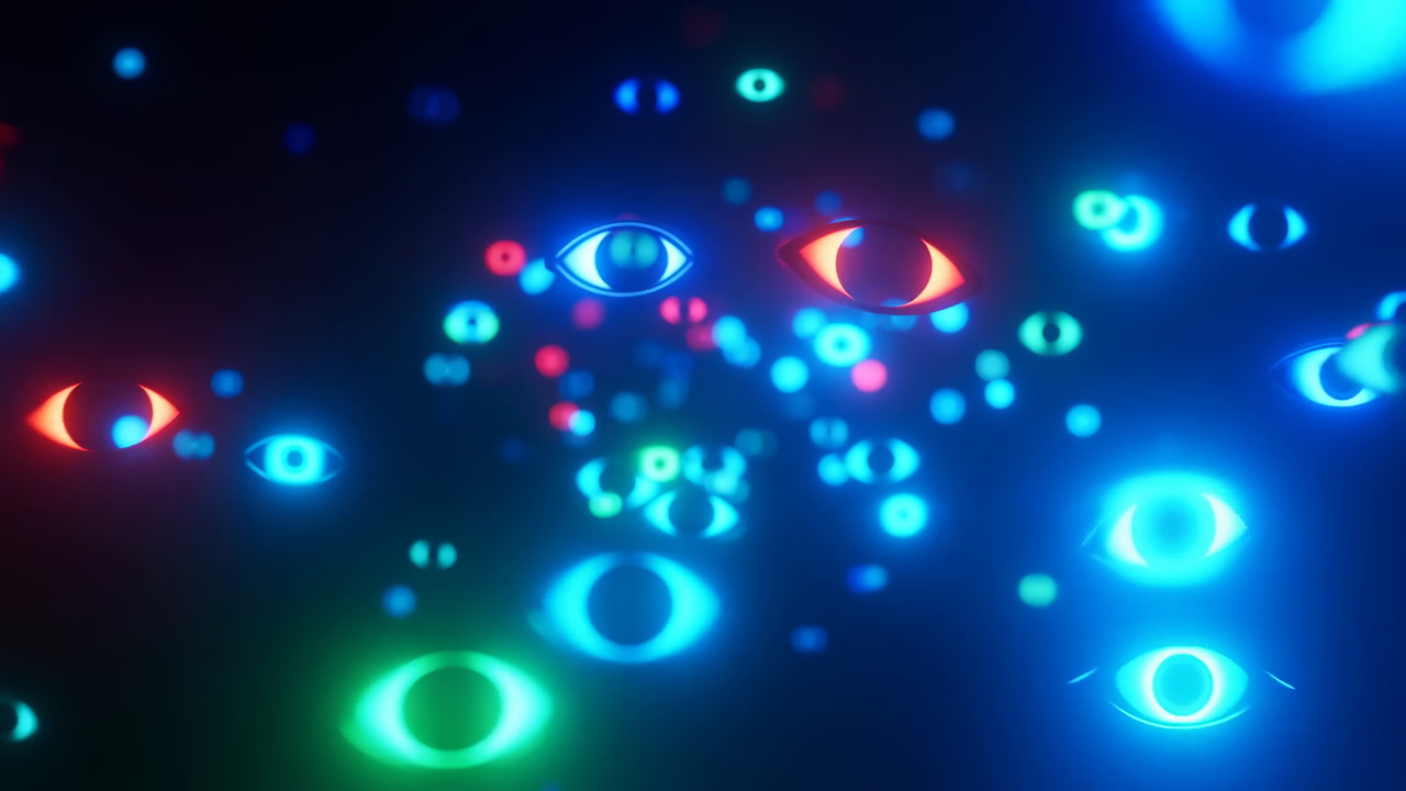 Glowing Neon Eye Shaped Particles Float Across Dark Space With Blue Red Green Bokeh, Pulsing Depth, Hypnotic