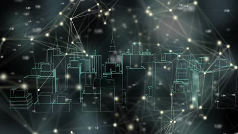 Animation-Eines-Netzwerks-Von-Verbindungen-über-Einer-3D-Stadtbildzeichnung