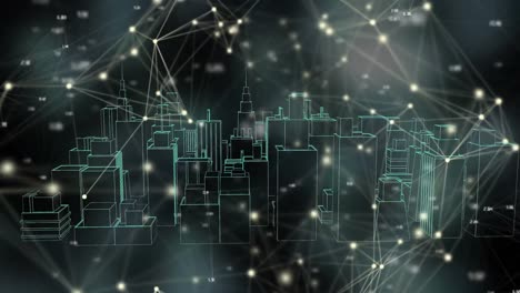 animation of network of connections over 3d cityscape drawing