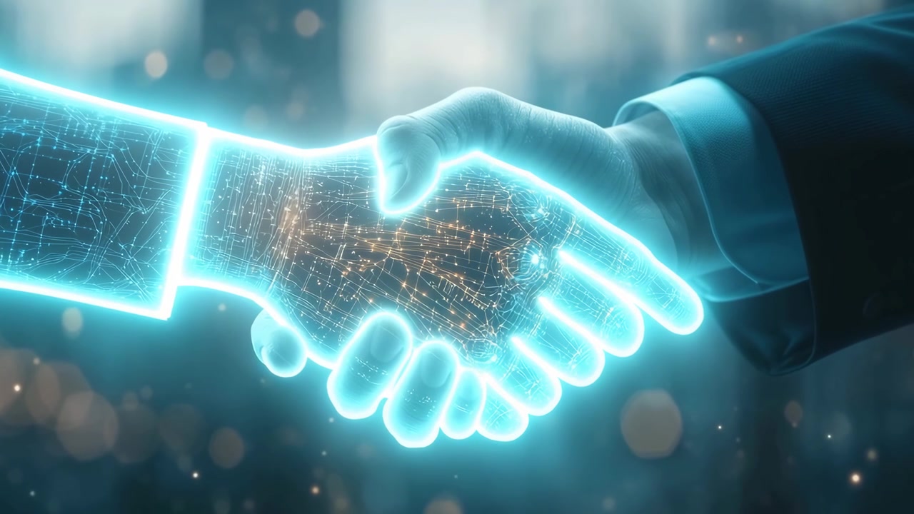 Futuristic Handshake Between Human and Digital AI Hand