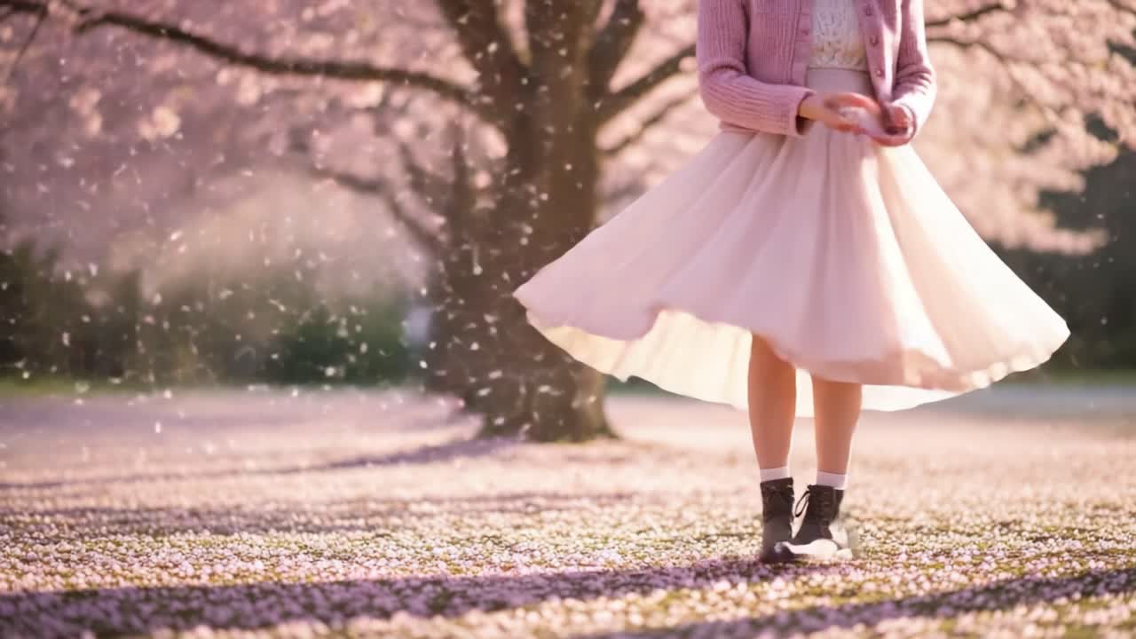 A Graceful Dance in a Blossoming Wonderland: Capturing the Beauty of Spring with Delicate Petals Falling Around a Young Woman in a Dreamy Floral Setting