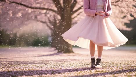 a graceful dance in a blossoming wonderland: capturing the beauty of spring with delicate petals falling around a young woman in a dreamy floral setting