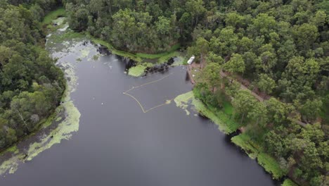 4k aerial drone shot of natural lake with a safe swimming spot, green vegetation around the lake