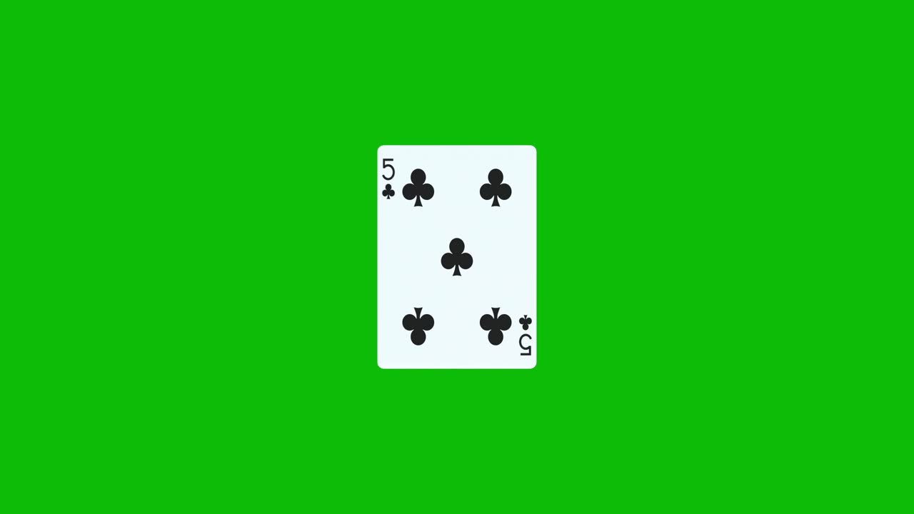 Una carta da poker, il cinque di fiori, gira e si rivela su uno sfondo verde, animazione 3D. Puoi modificare la durata della clip per controllare l'effetto di rivelazione.