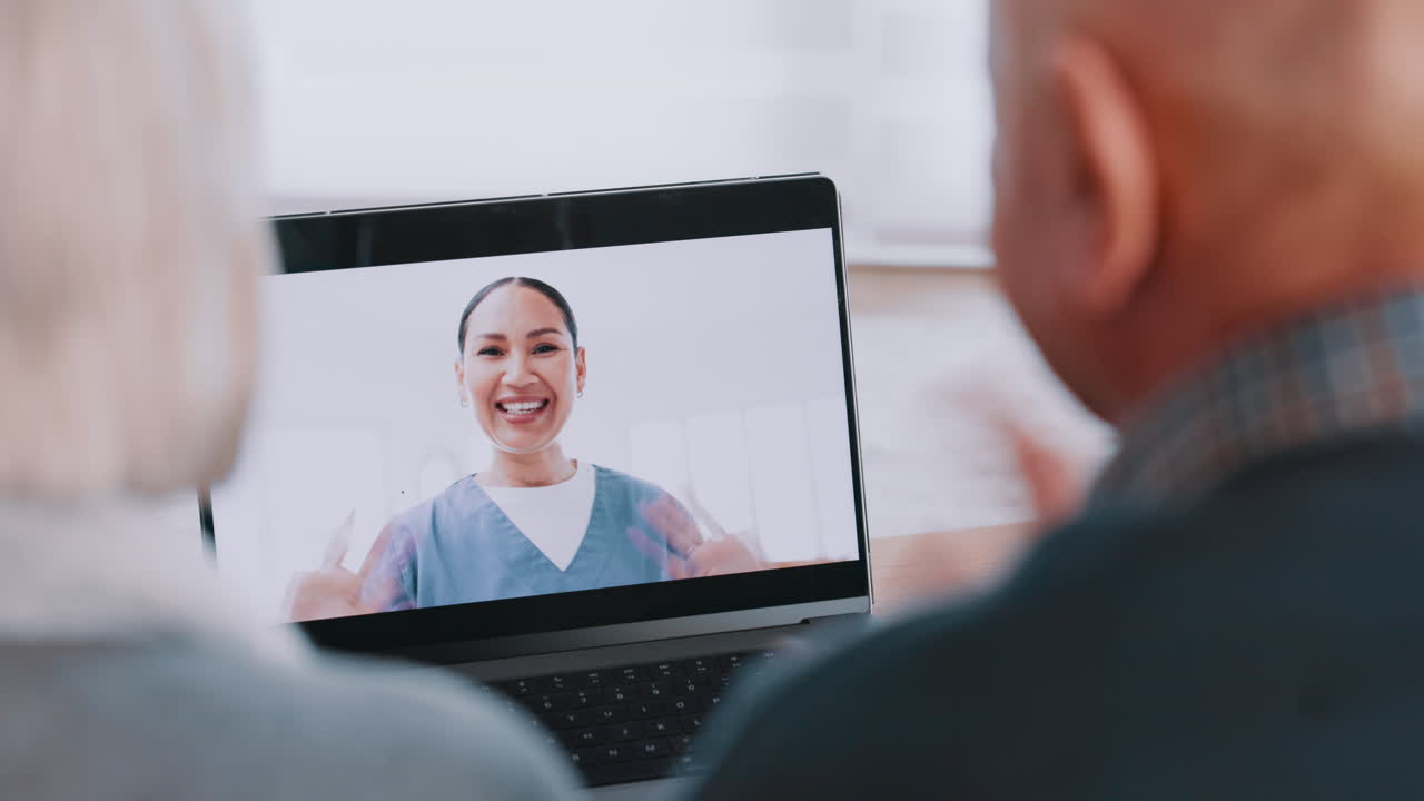 Video call, laptop and doctor with senior couple