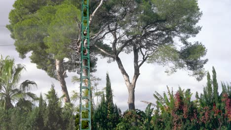 red en campo de golf, salida con instalación de red protectora, casas contiguas y pinos altos